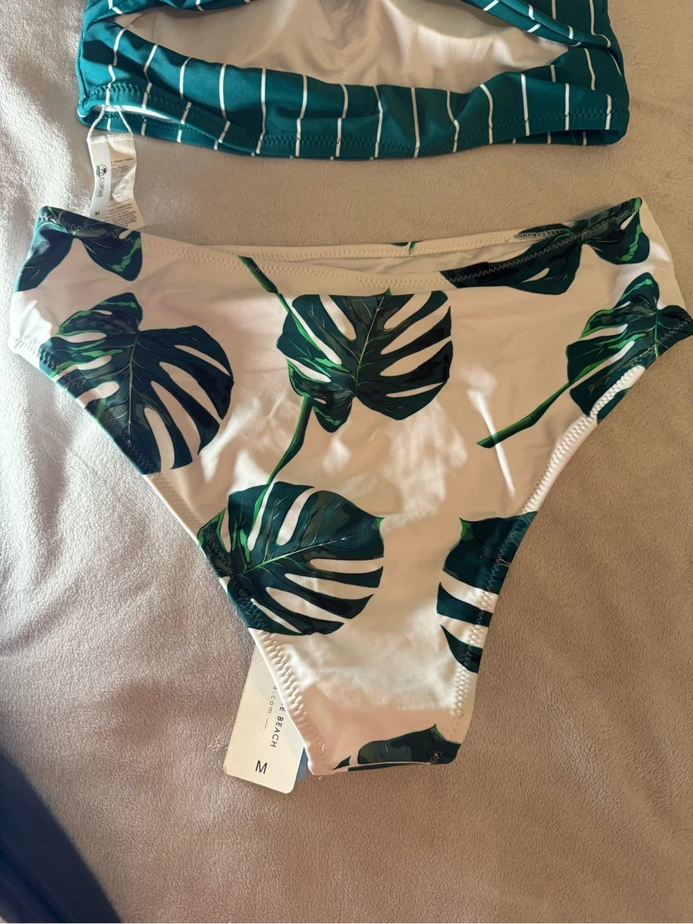 Cupshe Teal Stripe and Leaves Print Crisscross Bikini Set size medium